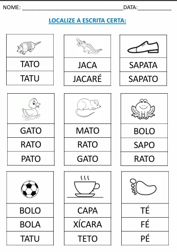 Atividade de alfabetização: localizar a escrita correta
