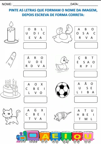 Atividade de alfabetização: escrever o nome de cada imagem