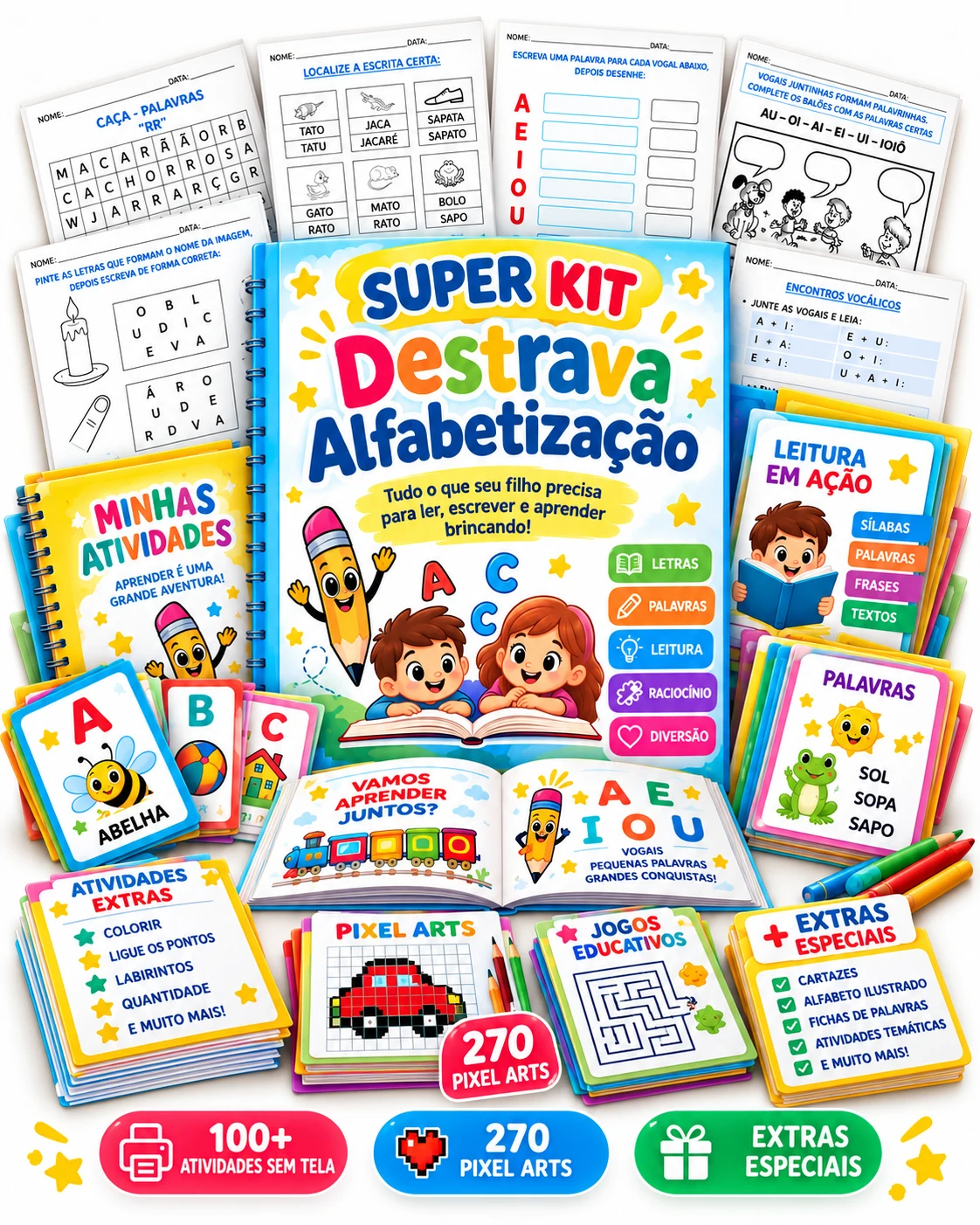 Mockup do Super Kit Destrava Alfabetização com atividades, Pixel Arts, jogos e extras